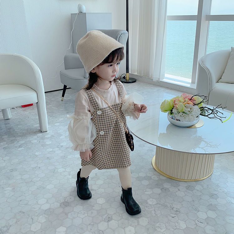 MY童裝女童連衣裙長袖格子春裝新款寶寶洋氣公主裙兒童假兩件裙子