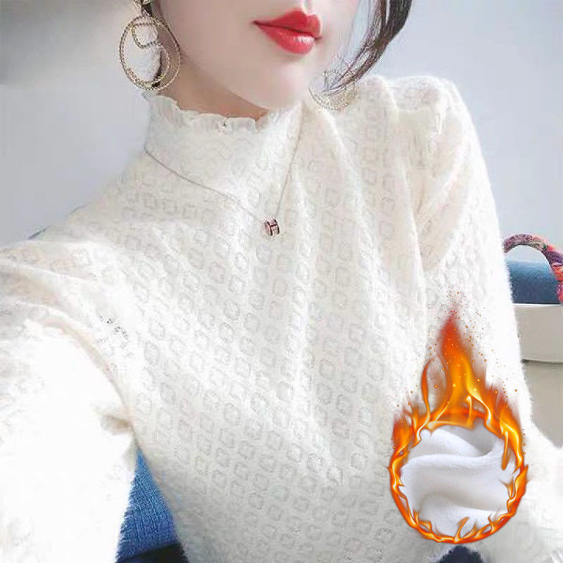 加絨半高領鈎花長袖蕾絲衫女秋冬大碼胖mm氣質內搭打底衫上衣潮T