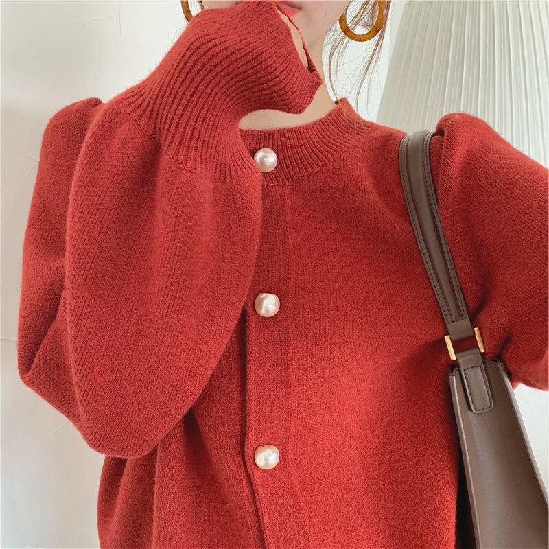 Loose fitting dress, Christmas red knitted cardigan, women's autumn and winter gentle Japanese thick lazy wind top
