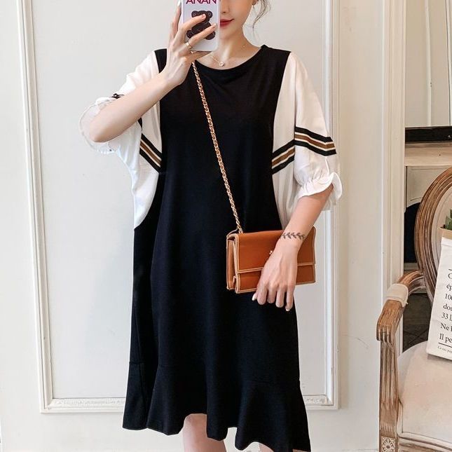 Fat mm extra large size 300 catties pregnant woman dress  spring and summer loose Tibetan meat thin fake two-piece bottoming dress