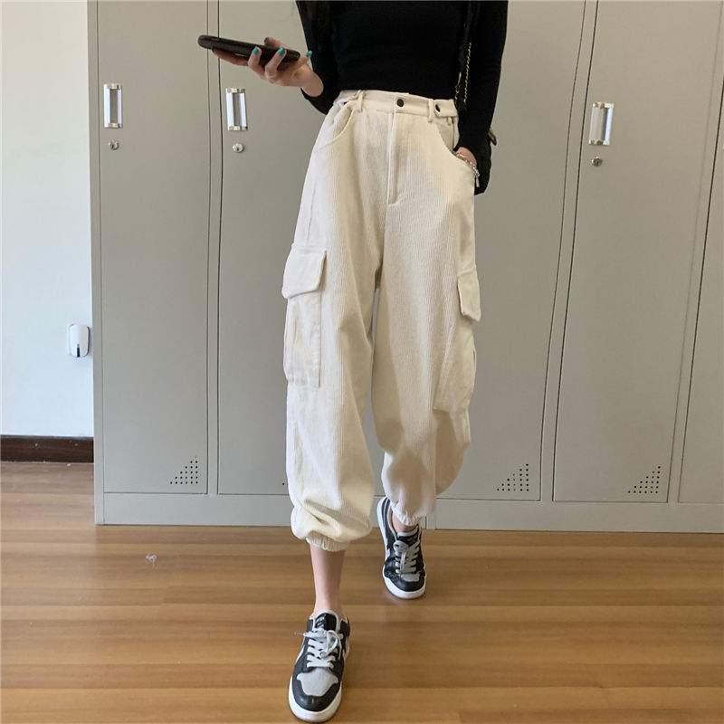 Corduroy overalls women's autumn and winter 2020 new pipe pants casual pants look thin and versatile, loose legged straight tube [deliver within 12 days]