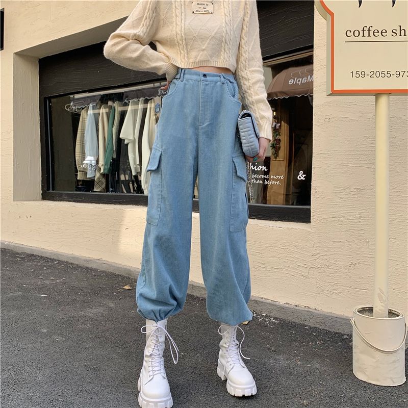 Corduroy overalls women's autumn and winter 2020 new pipe pants casual pants look thin and versatile, loose legged straight tube [deliver within 12 days]