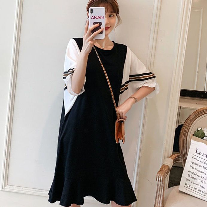 Fat mm extra large size 300 catties pregnant woman dress  spring and summer loose Tibetan meat thin fake two-piece bottoming dress