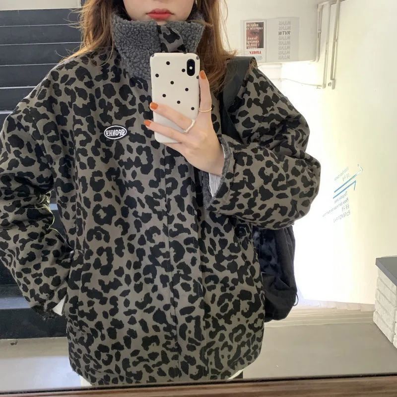Reversible jacket women's autumn and winter retro Hong Kong style fried street jacket lamb velvet/leopard print double-sided wear thickened to keep warm