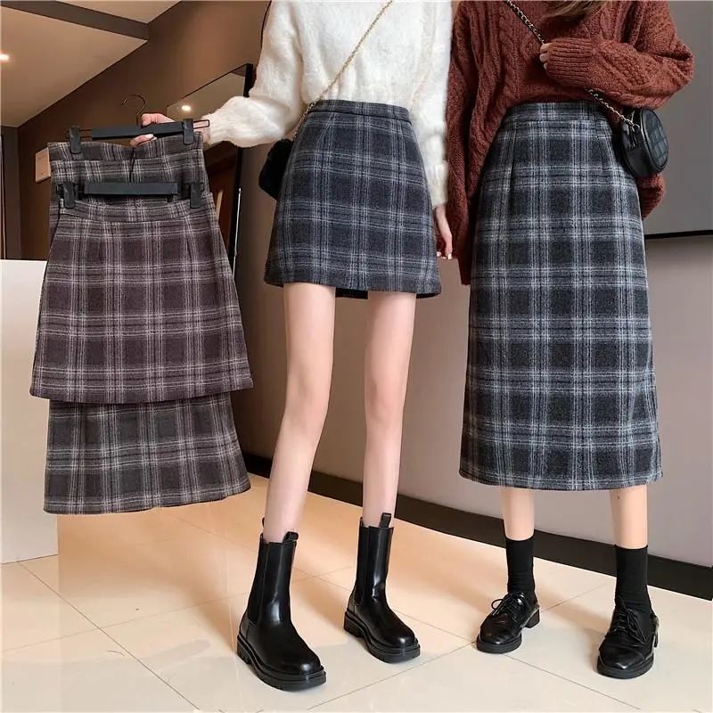 Plaid tweed skirt women's autumn and winter 2021 New Retro Mid long Hip Wrap Skirt high waist slim A-line short skirt