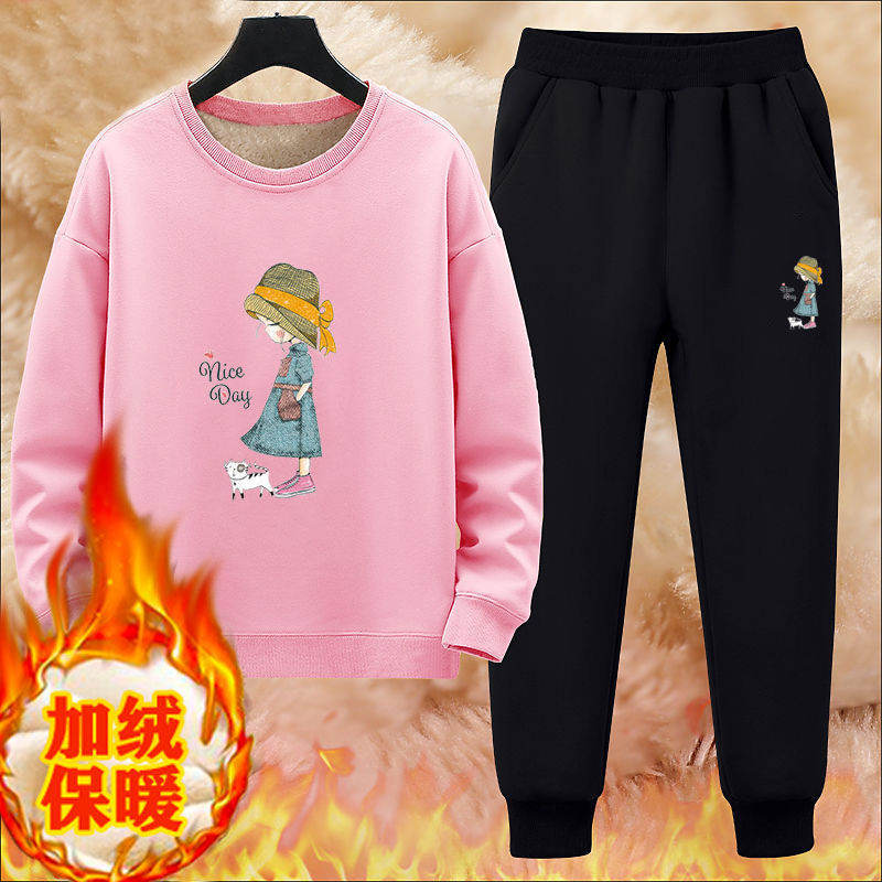 童裝2023女童圓領套裝新款秋冬季加絨加厚洋氣衛衣兒童休閒衛褲潮