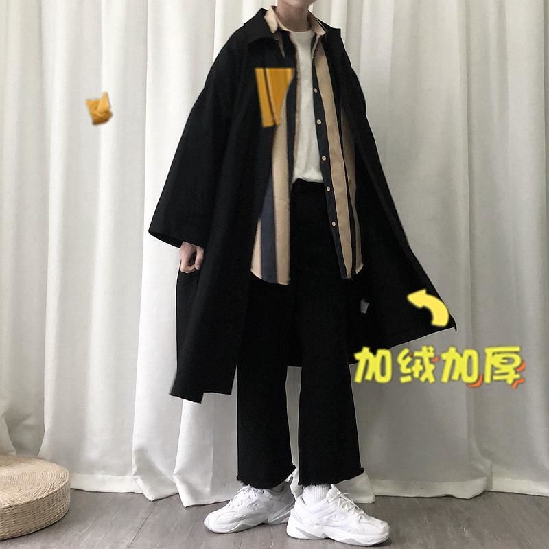 Loose oversize tooling, handsome windbreaker, men's and women's Han Fengzhong long autumn winter coat, men's black harbor coat