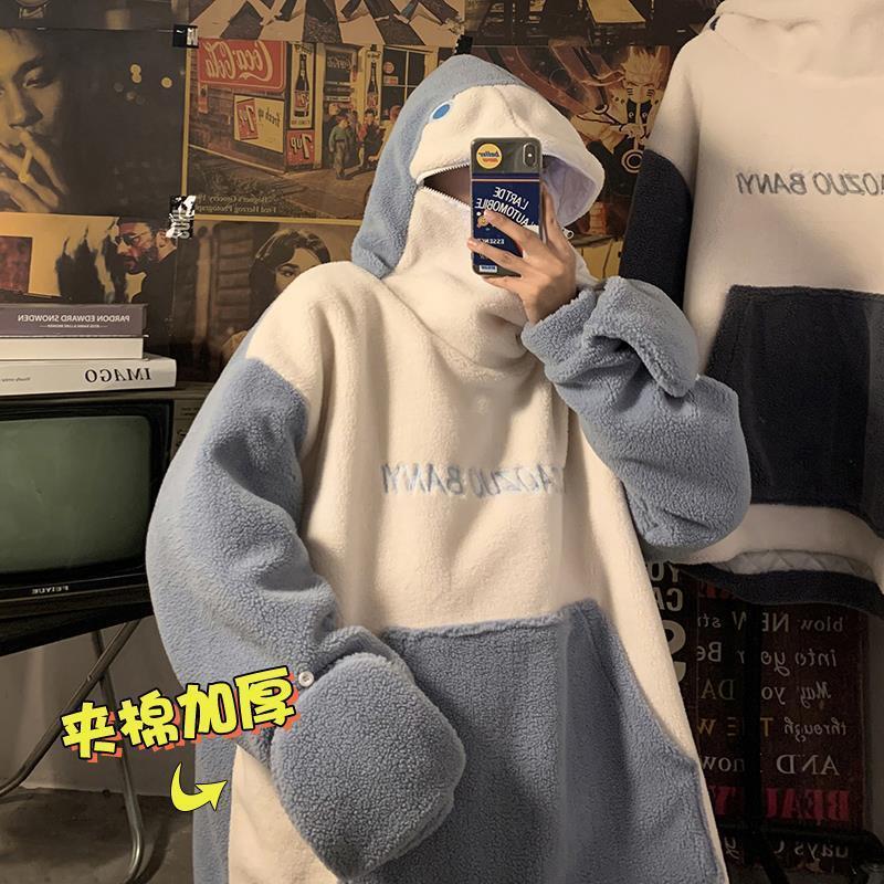 自闭鲨鱼羊羔绒男女秋冬款小众设计宽松连帽卫衣情侣装港风外套潮