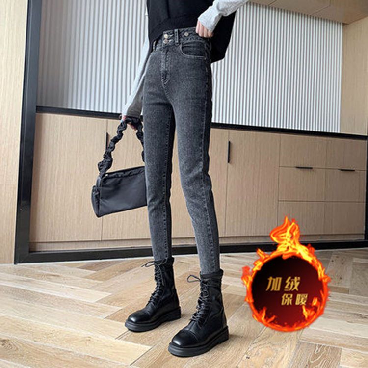 106031-雪千羽新款加绒高腰小脚牛仔裤女韩版修身紧身百搭铅笔裤-详情图