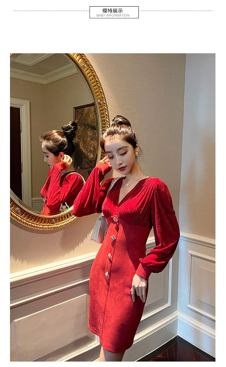 【特惠現貨】新款氣質拼接酒紅色連衣裙長袖輕奢名媛V領法式復古小紅短裙