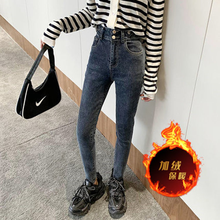 106031-雪千羽新款加绒高腰小脚牛仔裤女韩版修身紧身百搭铅笔裤-详情图