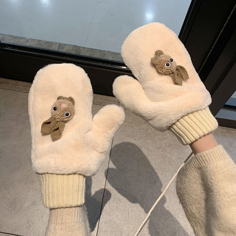 Cartoon gloves for female students in winter, thickened with velvet, warm plush, cute and cute rabbit, full finger thick, Korean version, Japanese style trend