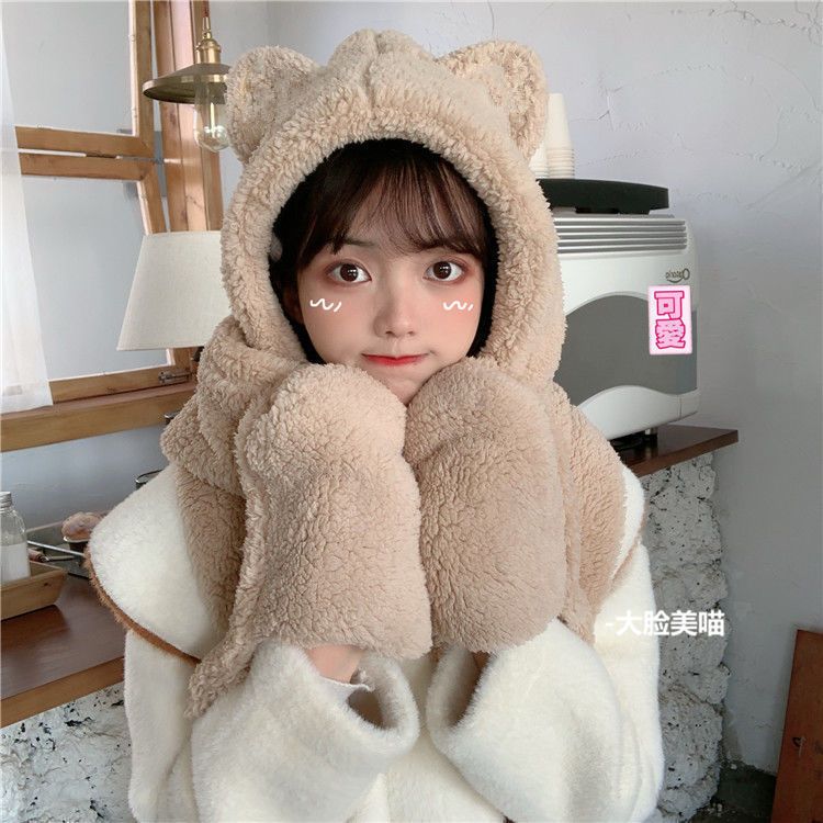 Bear ear hat scarf glove one woman autumn and winter sweet and lovely winter warm three piece set of lovers