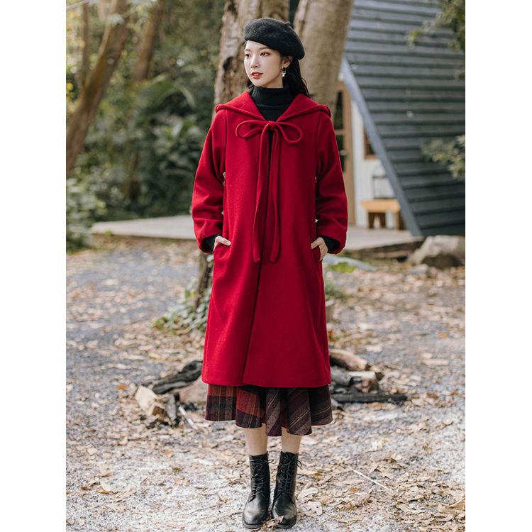 Fur coat French red autumn winter retro gentle wind hooded cloak thickened warm witch cape coat