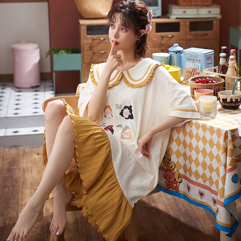 新款睡衣女士夏天棉質短袖睡裙女夏學生韓版可愛寬鬆加大碼家居服