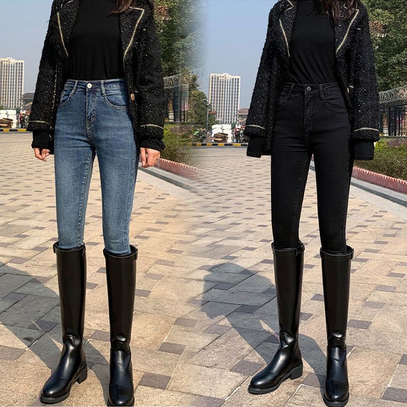 [a pair for winter] add cashmere and thicken, wear small leg jeans outside in winter, women's 8 / 9 high waist elastic pants