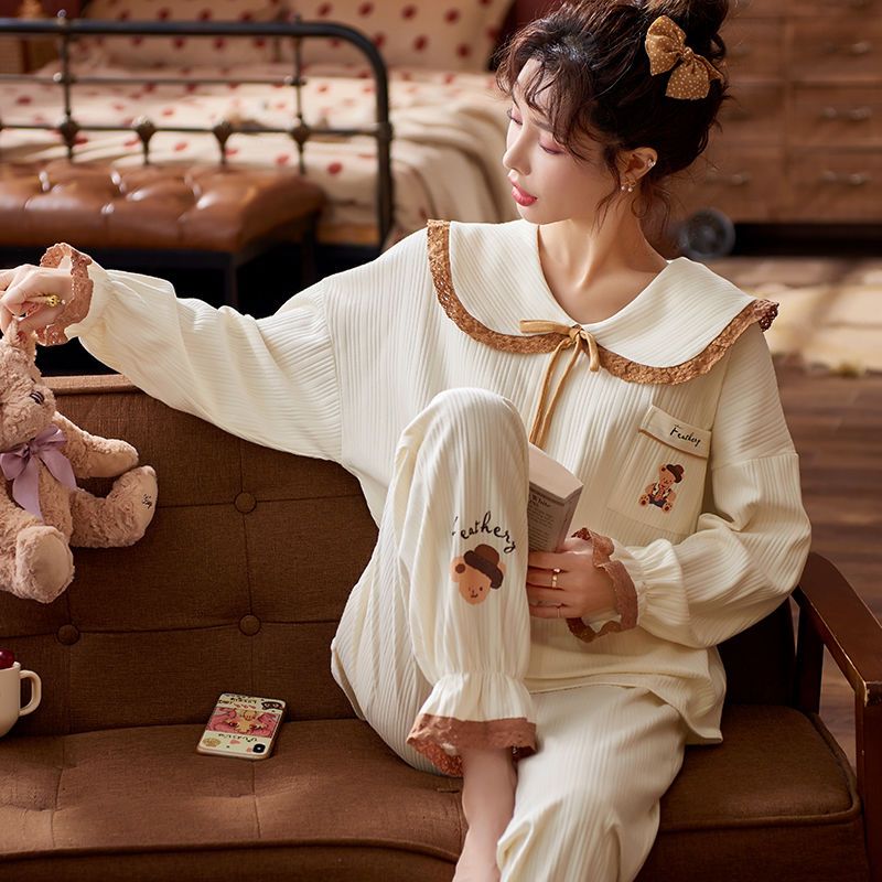 春秋季睡衣女棉質長袖長褲套裝冬季韓版學生可愛甜美家居服可外穿