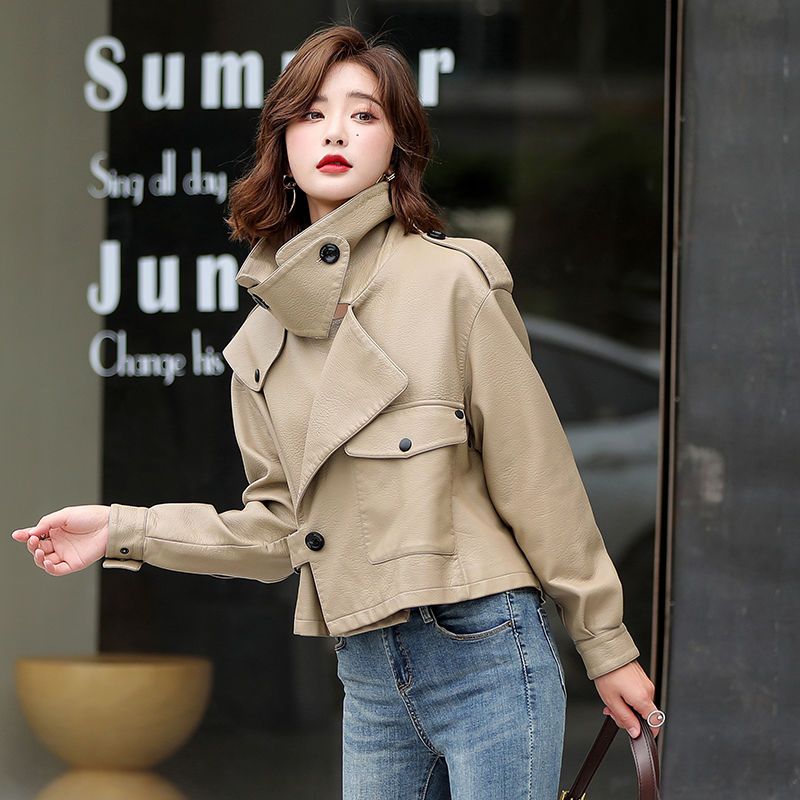  Spring and Autumn New Style Leather Jacket Women's Short Korean Style Casual Style Loose Leather Jacket Haining Small Leather Jacket Trendy