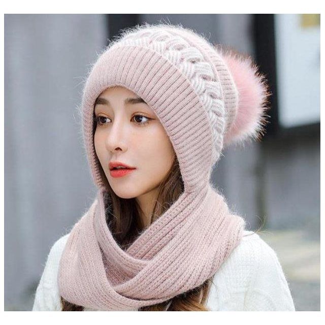 连体帽子围巾女秋冬季加厚保暖护耳针织毛线帽防风寒一体连帽围脖