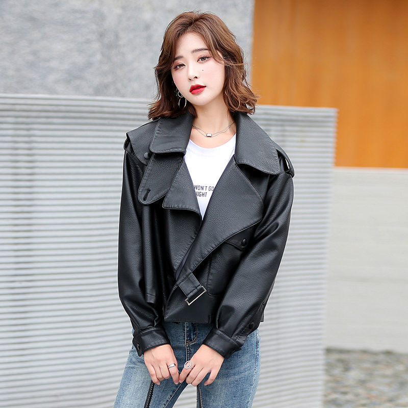  Spring and Autumn New Style Leather Jacket Women's Short Korean Style Casual Style Loose Leather Jacket Haining Small Leather Jacket Trendy