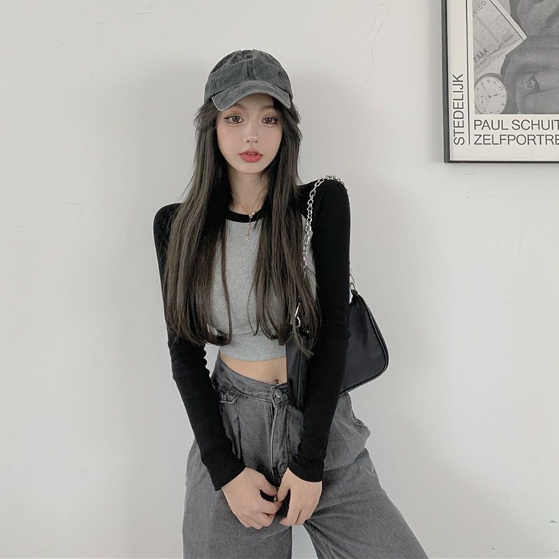 Short section navel hot girl high waist hit color tight long-sleeved T-shirt feminine breast showing autumn and winter inner bottoming shirt top