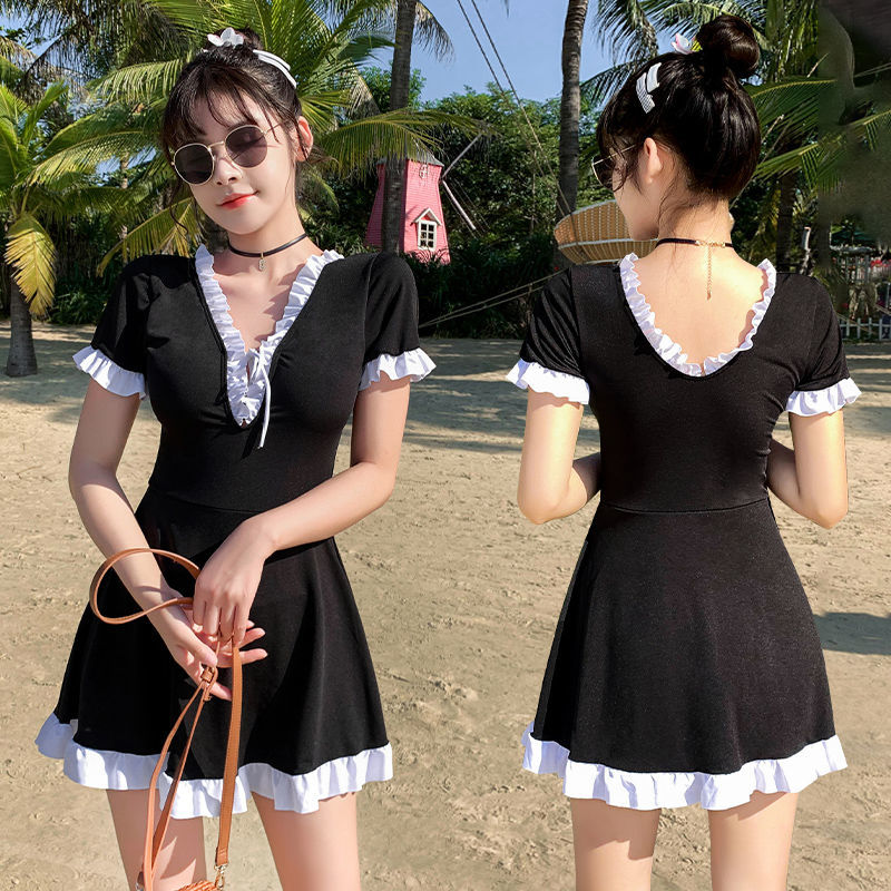 Korean version ins2021 new women's one-piece skirt style slim and cover belly conservative swimsuit short sleeve swimsuit