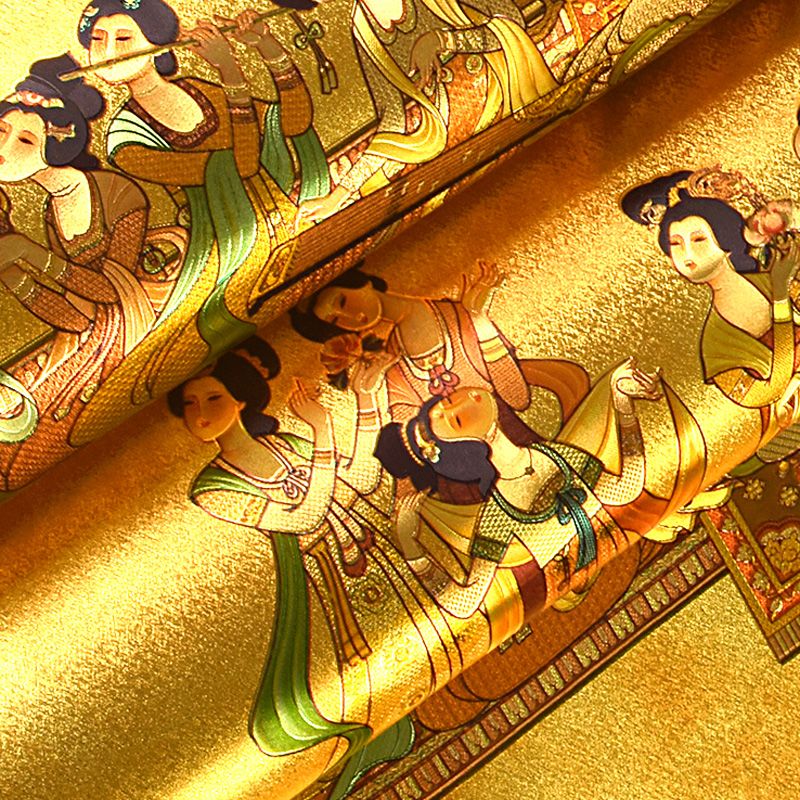 5平方清明上河图金箔金黄色墙纸酒店反光客厅新中式古典禅意壁纸 虎窝拼