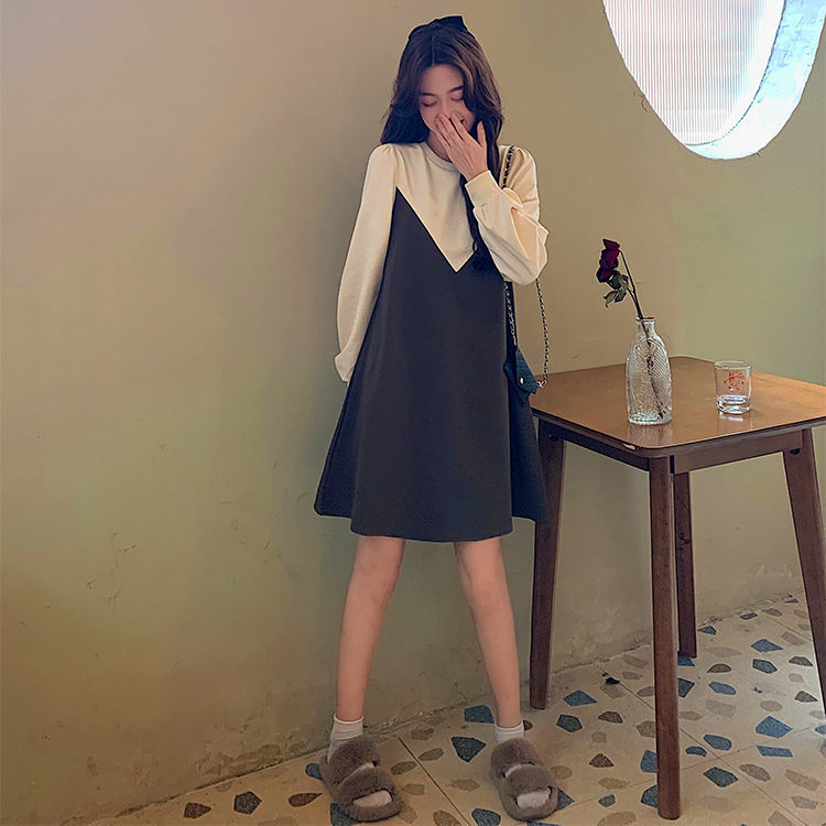 Fat MM Extra Large Size 300 Jin Pregnant Women's Dress  Spring and Autumn Loose Cover Belly Hidden Meat Look Thin Fake Two-Piece Dress