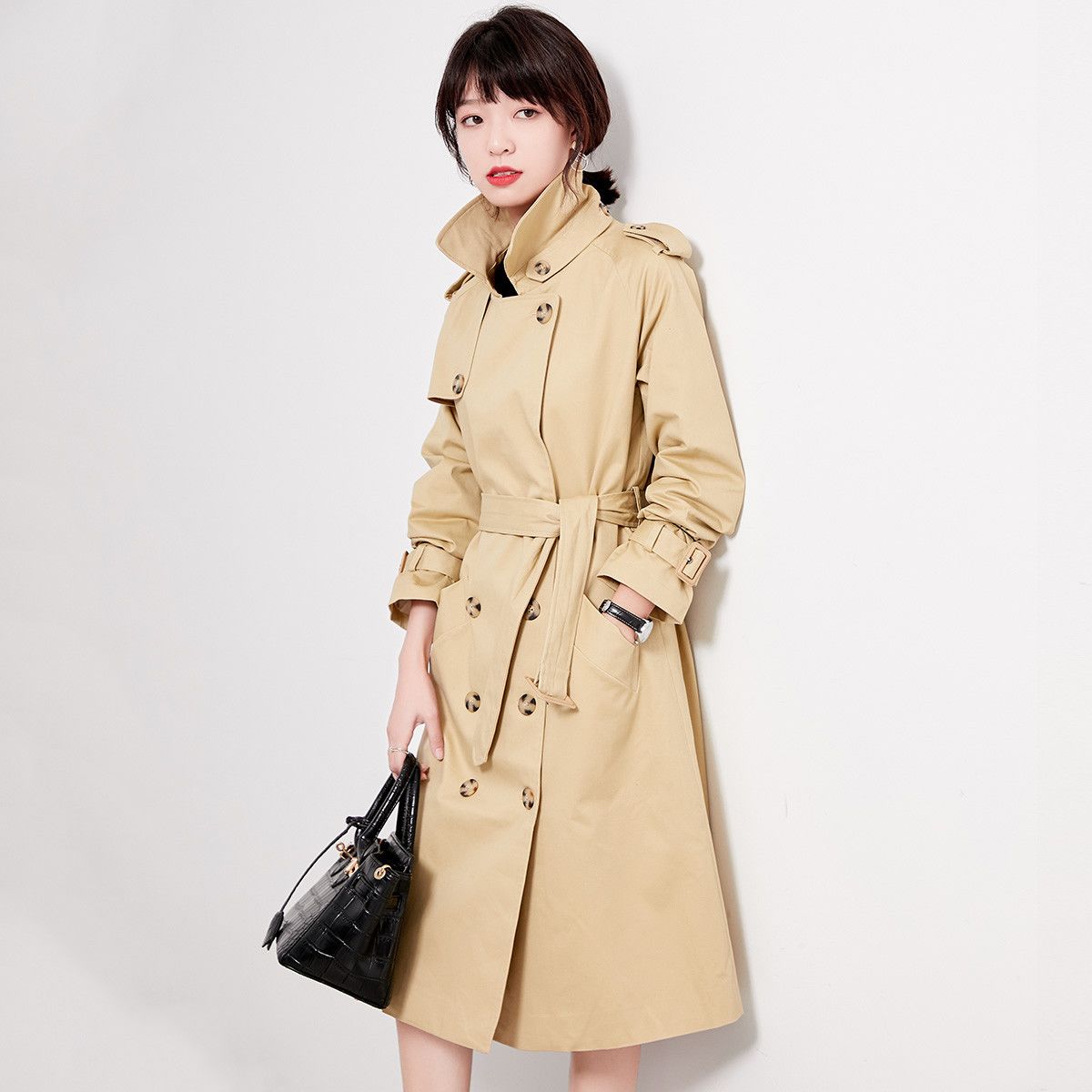 mt2020冬新款时尚潮韩版设计师款百搭修身中长款后叉设计风衣女冬