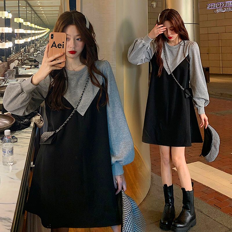 Fat MM Extra Large Size 300 Jin Pregnant Women's Dress  Spring and Autumn Loose Cover Belly Hidden Meat Look Thin Fake Two-Piece Dress