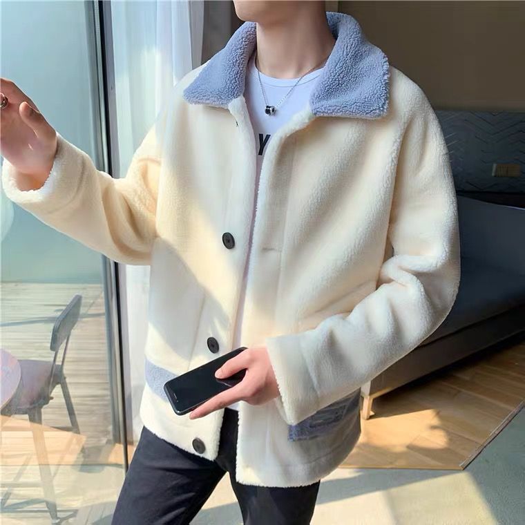 Winter lamb wool Korean jacket men's and young people's trendy lapel jacket student's thickened warm cotton jacket