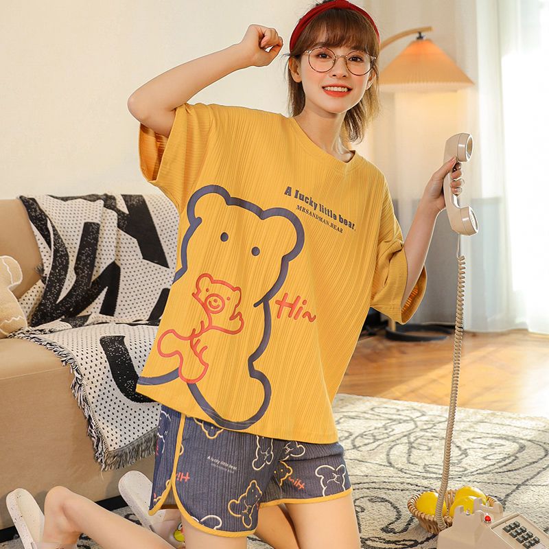 睡衣女士夏季棉質短袖短褲套裝韓版可愛少女大碼寬鬆家居服兩件套