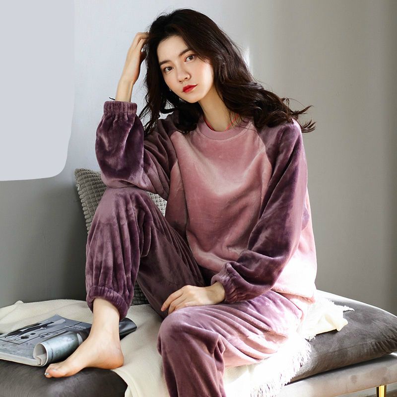 Autumn and winter coral fleece pajamas women's winter long-sleeved ladies plus velvet thick Korean confinement clothes flannel home clothes set