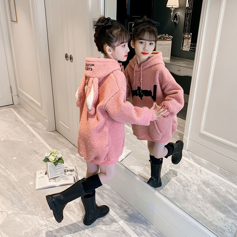 Girls' Plush sweater western style autumn and winter clothes girls' warm fashion Hoodie thickened children's medium length sweater