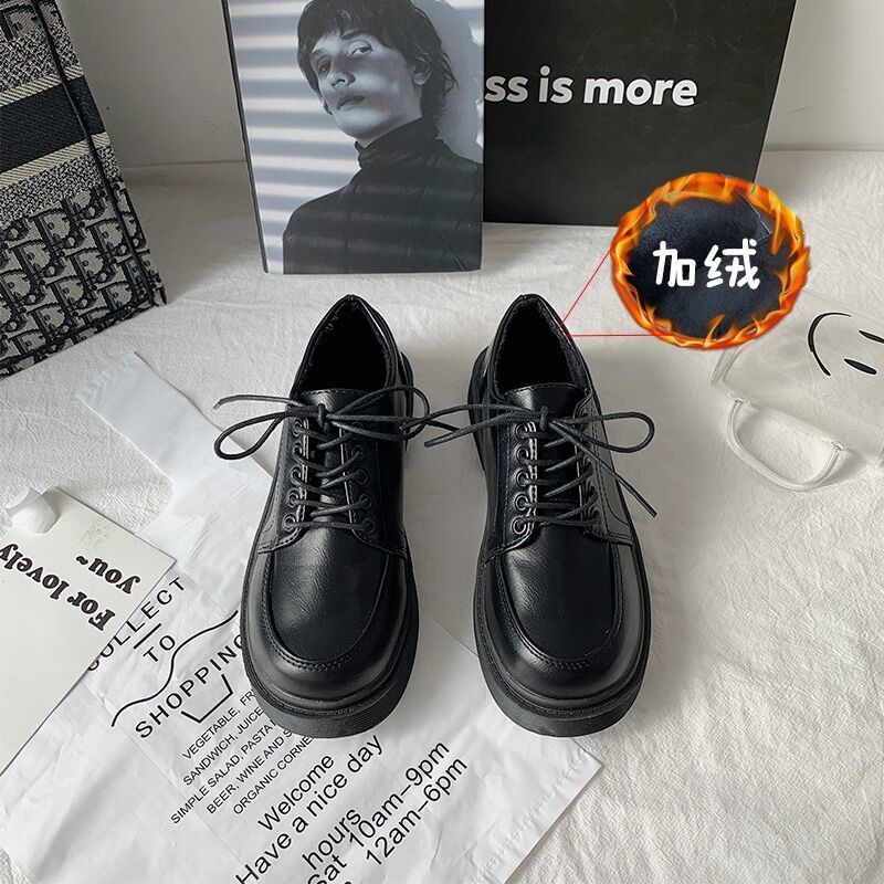 黑色小皮鞋日系女jk英倫風秋冬加絨2020百搭復古軟皮厚底制服鞋子