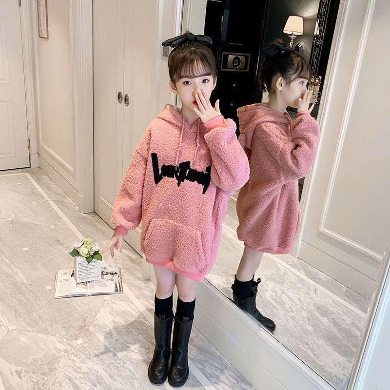 Girls' Plush sweater western style autumn and winter clothes girls' warm fashion Hoodie thickened children's medium length sweater