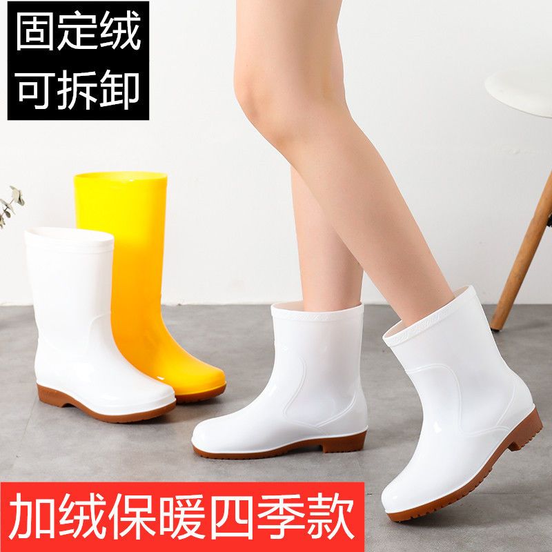 女高筒白色食品雨鞋防滑中筒勞保靴加棉雨靴防滑水鞋耐酸鹼油膠鞋