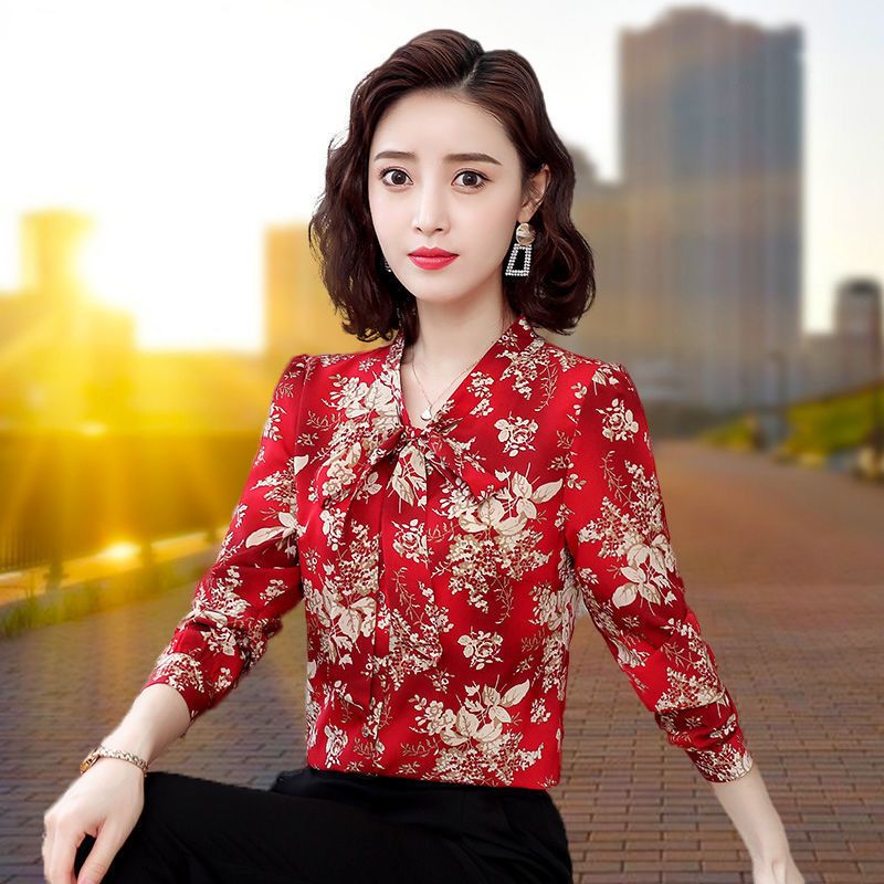 中國紅雪紡衫印花襯衫女長袖2023春季新款韓版蝴蝶結洋氣碎花襯衣