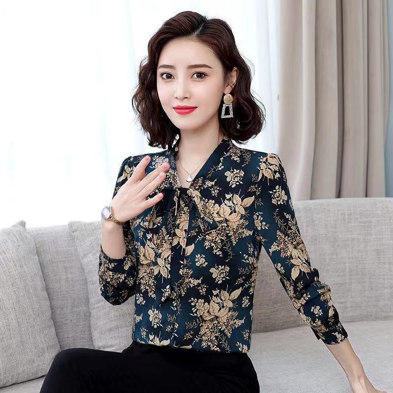 碎花雪紡衫襯衣女2023春秋季新款V領系帶長袖上衣遮肚子洋氣小衫