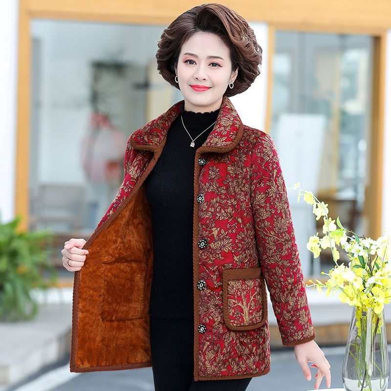 老年妈妈冬装加绒加厚外套60岁70洋气中老年棉衣女大码奶奶花棉袄