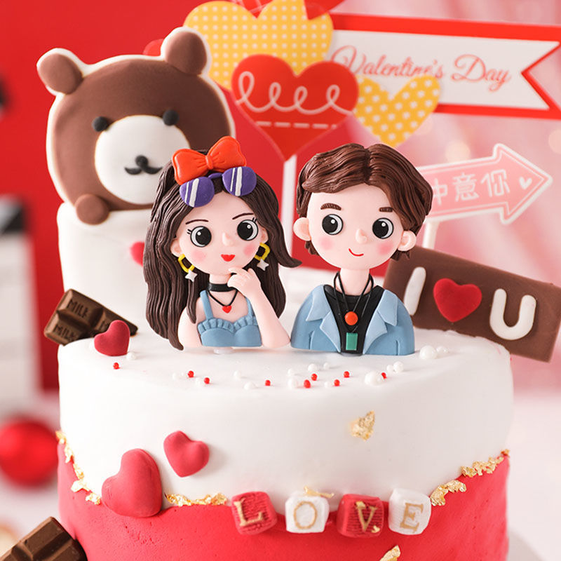 情人节烘焙蛋糕装饰帅哥美女情侣软陶插件表白爱心love插牌装扮