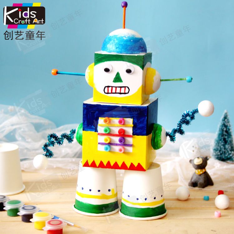 原创纸盒机器人儿童自制diy玩具手工材料废物利用涂色绘画
