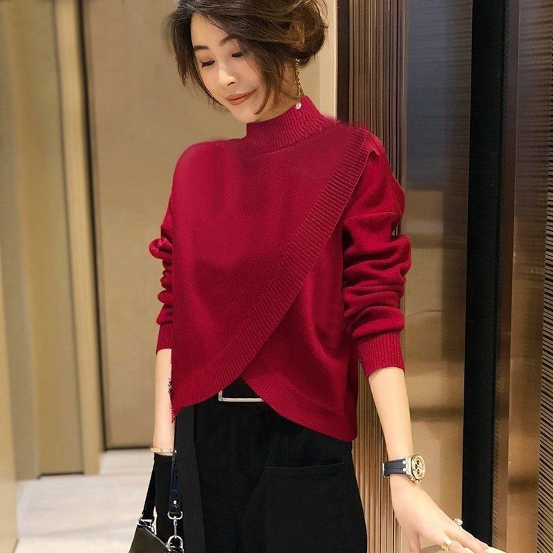 设计感交短款红色毛衣女欧洲站2021春装新款半高领宽松针织衫【2月17