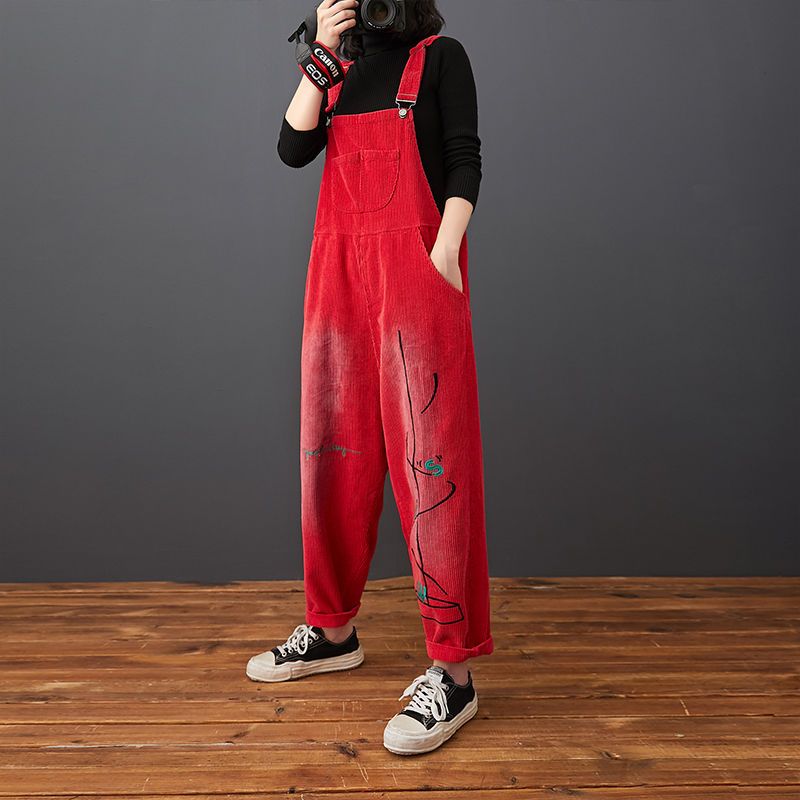 Large size autumn and winter corduroy overalls embroidered age-reducing fat MM loose jumpsuit slim personality all-match trousers women