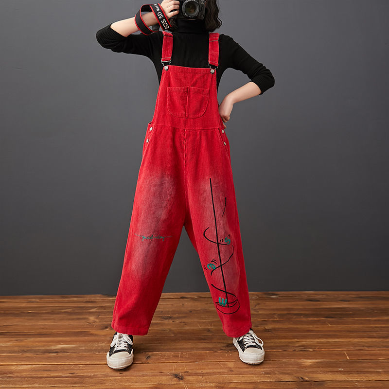 Large size autumn and winter corduroy overalls embroidered age-reducing fat MM loose jumpsuit slim personality all-match trousers women