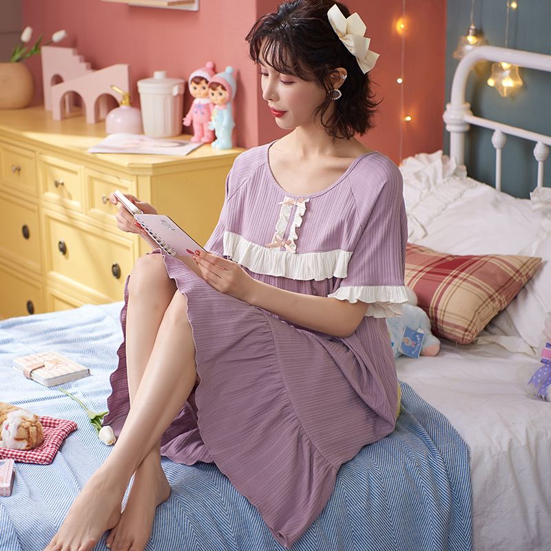 Summer cotton women's nightdress can be worn outside casual pajamas Korean version student Pregnant Women Cute short sleeve plus size home clothes