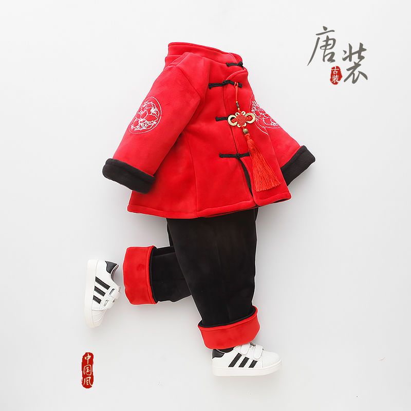 儿童汉服男童中国风秋冬婴儿加绒套装拜年服宝宝童装周岁宝宝衣服