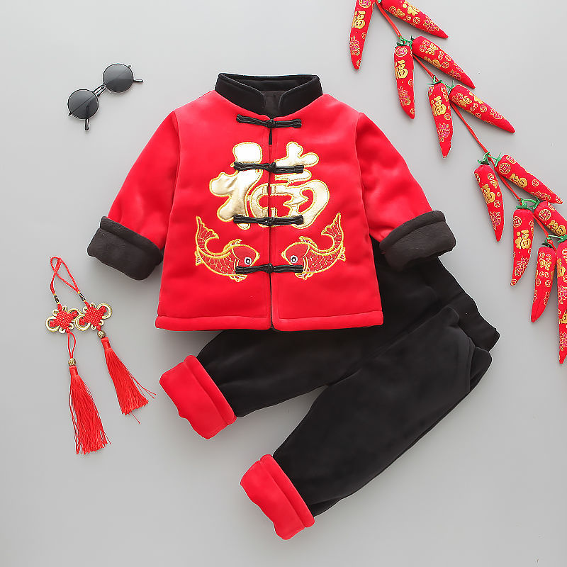 兒童漢服男童中國風秋冬嬰兒加絨套裝拜年服寶寶童裝周歲寶寶衣服