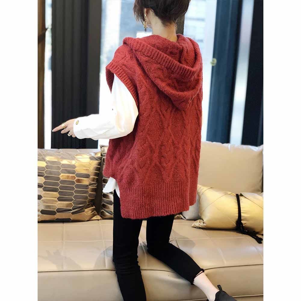RED HOODED knitted waistcoat women's loose life year twist sweater spring clothing new European station in 2021