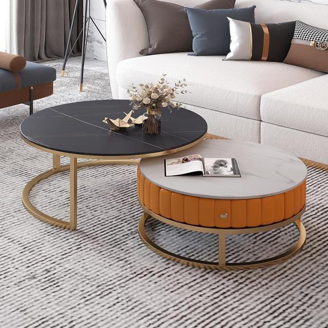 轻奢现代橙色大小圆形茶几组合岩板子母茶几桌客厅家用小户型网红